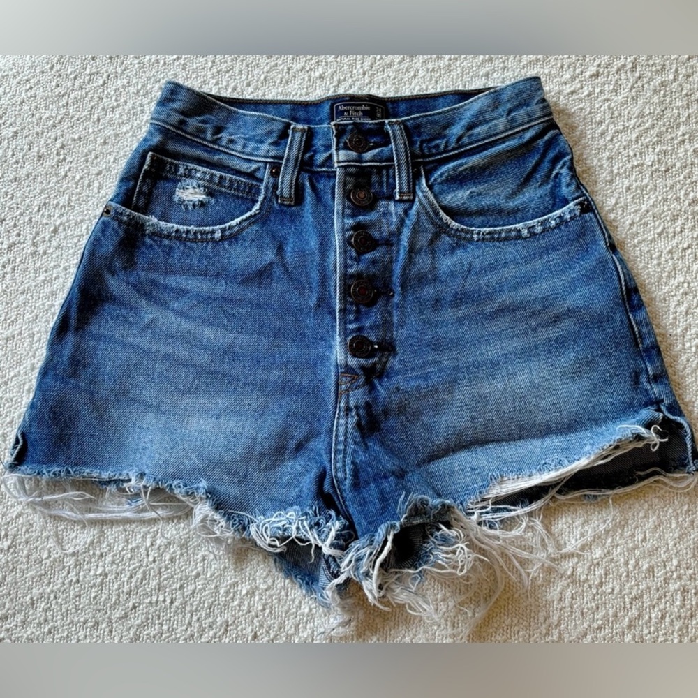 Abercrombie and Fitch Medium Dark Blue Button High Rise Denim Short Shorts 24 00 - Picture 2 of 6
